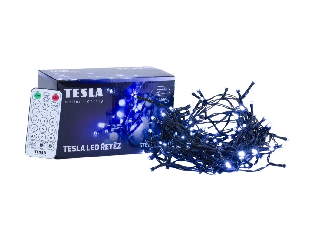 Dekorativní řetěz studený bílý 6500K,100LED, 10m + 5m kabel, 230V, ovladač s 8 funkcemi,IP44