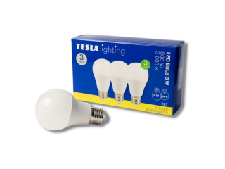 LED žárovka BULB E27, 8W, 230V, 806lm, 25 000h, 3000K teplá bílá, 220st 3ks v balení