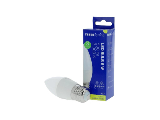 LED žárovka svíčka E27, 6W, 230V, 500lm, 25 000h, 3000K teplá bílá, 220st