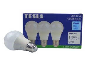 LED žárovka BULB E27, 9W, 230V, 1055lm, 25 000h, 6500K studená bílá, 220st 3ks v balení