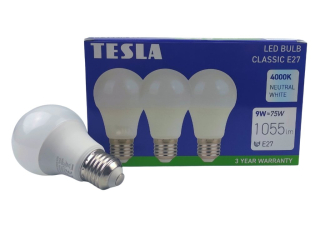 LED žárovka BULB E27, 9W, 230V, 1055lm, 25 000h, 4000K denní bílá, 220st 3ks v balení