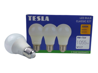 LED žárovka BULB E27, 9W, 230V, 1055lm, 25 000h, 3000K teplá bílá, 220st 3ks v balení