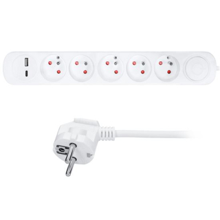 Solight 5z prodlužovací přívod s USB A+C nabíječkou 2.4A, 3m, 3 x 1mm2, bílý, vypínač - PP152USBC